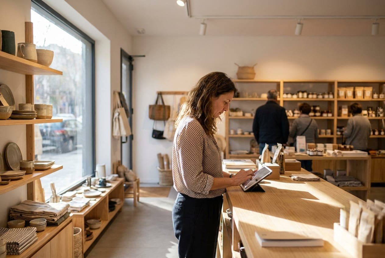 Encargada de una tienda revisando una tablet sobre el mostrador de madera.