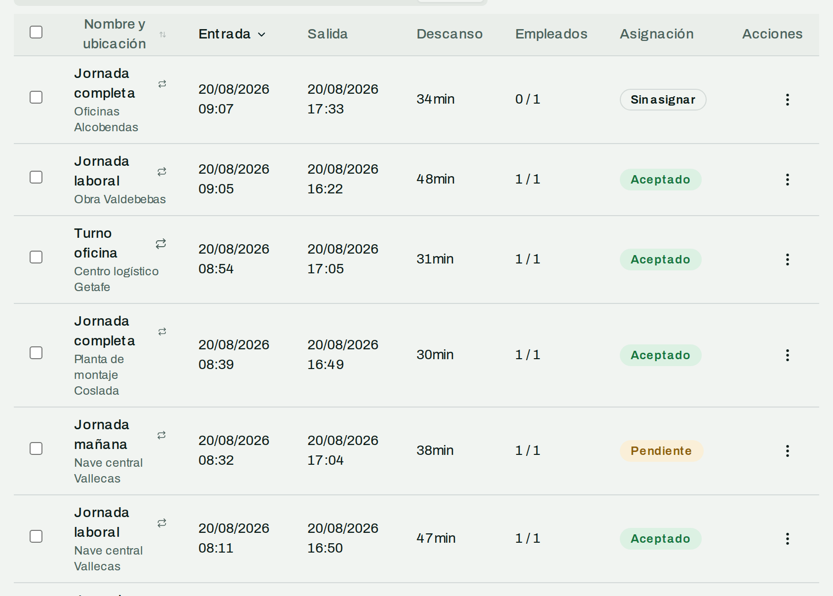 Listado de turnos con su centro de trabajo, su horario y el estado de la asignación: aceptado, pendiente o rechazado.