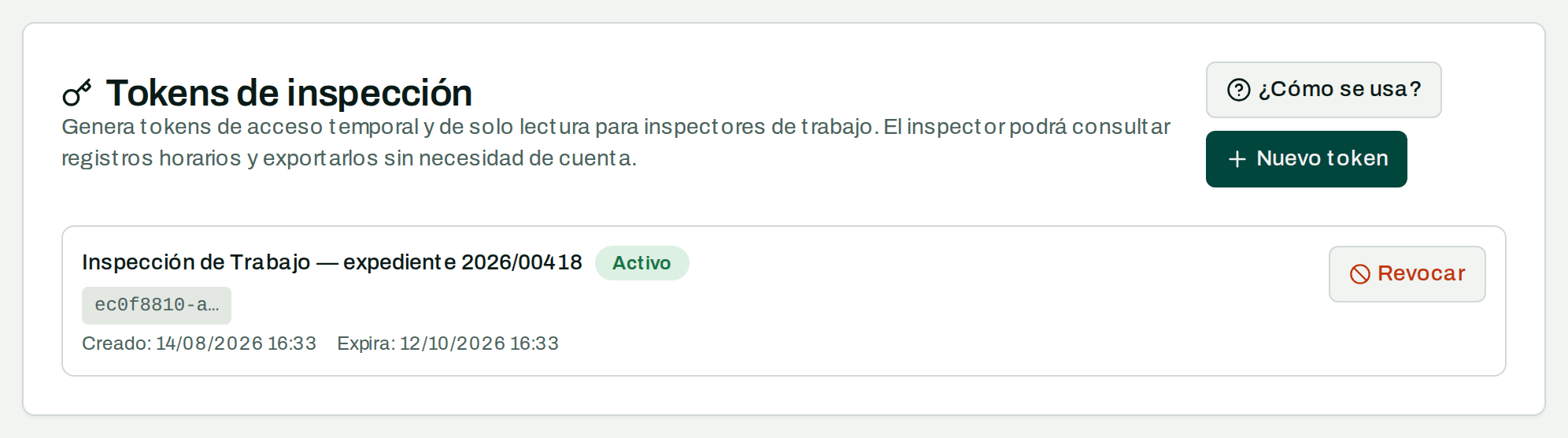 Pantalla de cumplimiento con el acceso de solo lectura creado para una inspección, su etiqueta y su fecha de caducidad.