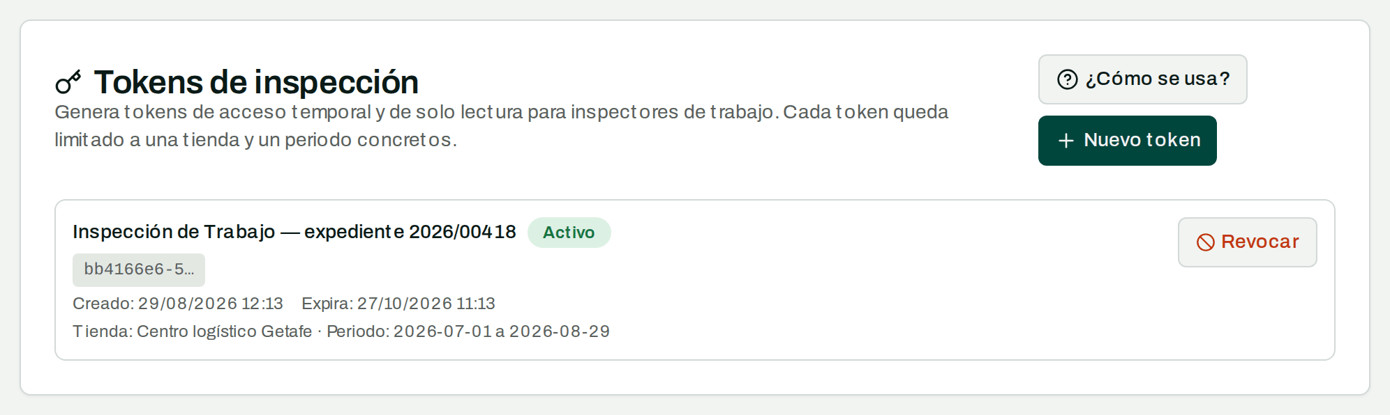 Pantalla de cumplimiento con el acceso de solo lectura creado para una inspección, su etiqueta y su fecha de caducidad.