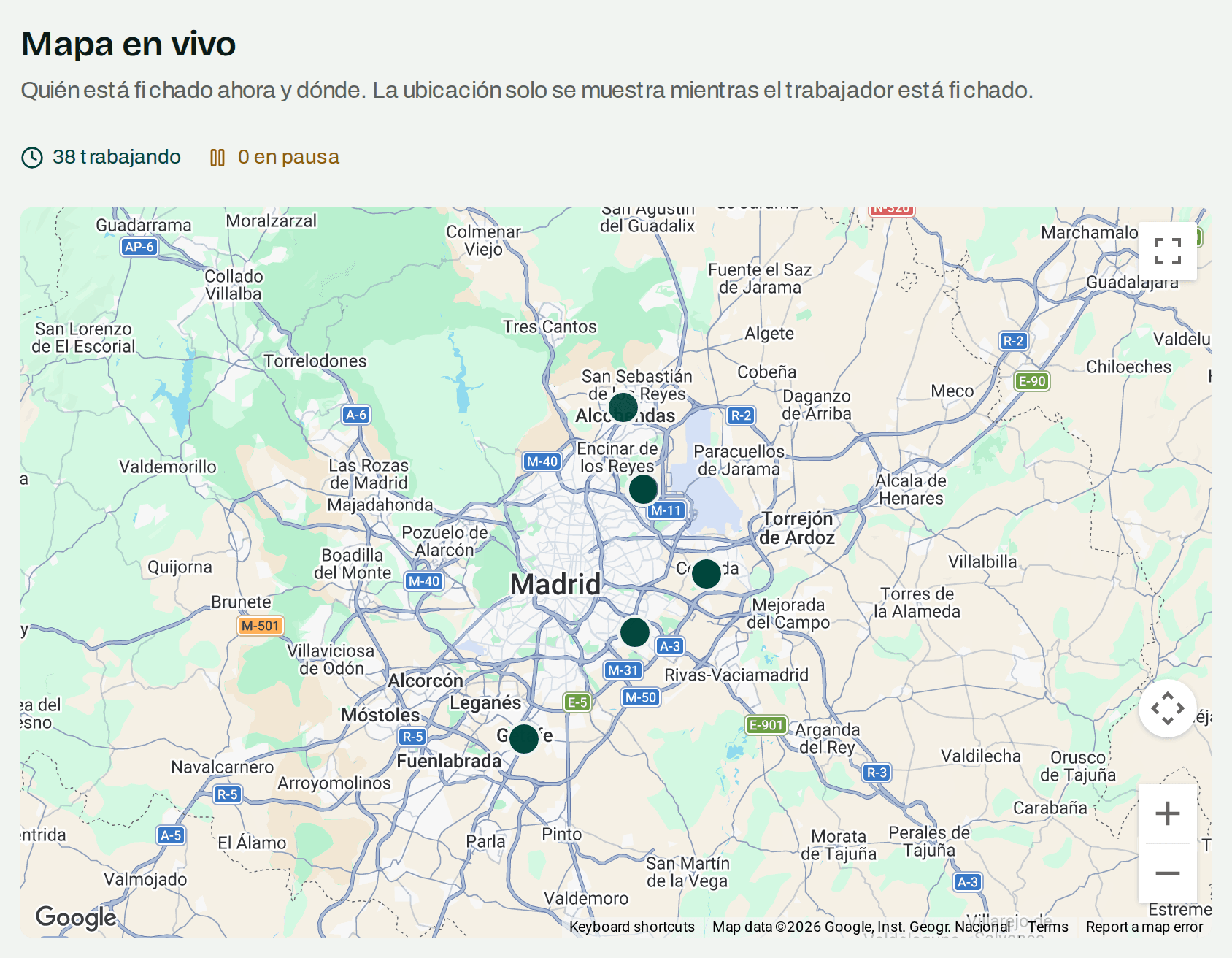 Mapa con los trabajadores que están fichados en este momento, cada uno sobre el centro de trabajo donde fichó.