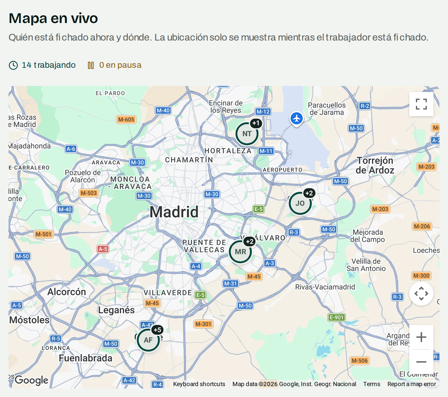 Mapa con los trabajadores que están fichados en este momento, cada uno sobre el centro de trabajo donde fichó.