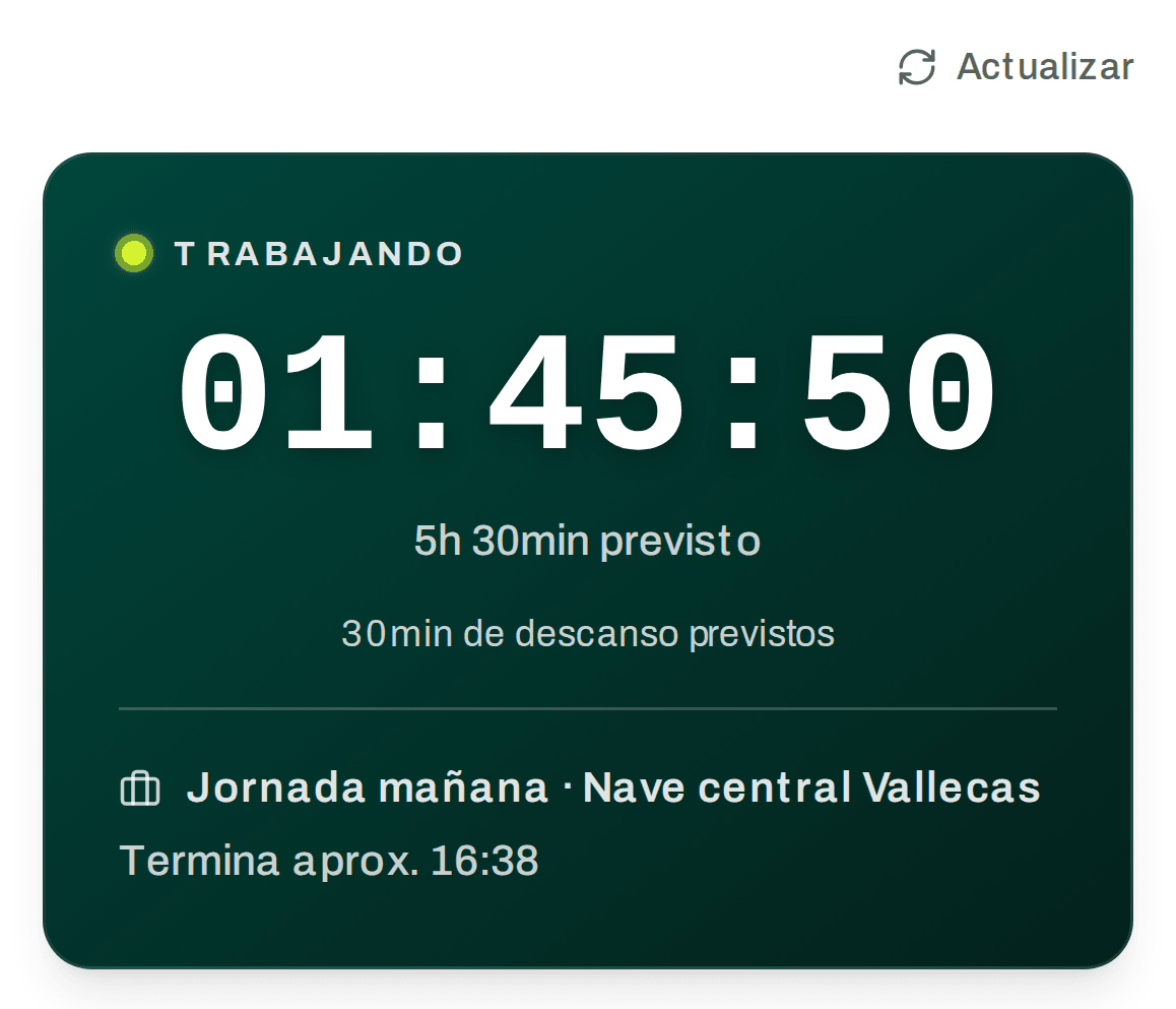 Pantalla de fichaje de la app: la jornada en curso con su cronómetro, el turno del día y el centro de trabajo asignado.