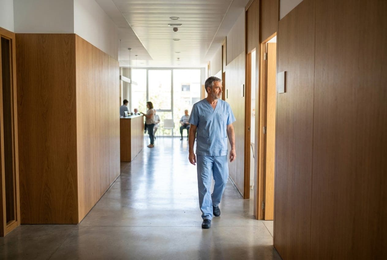 Auxiliar sanitario con uniforme recorriendo el pasillo de una clínica con la recepción al fondo.