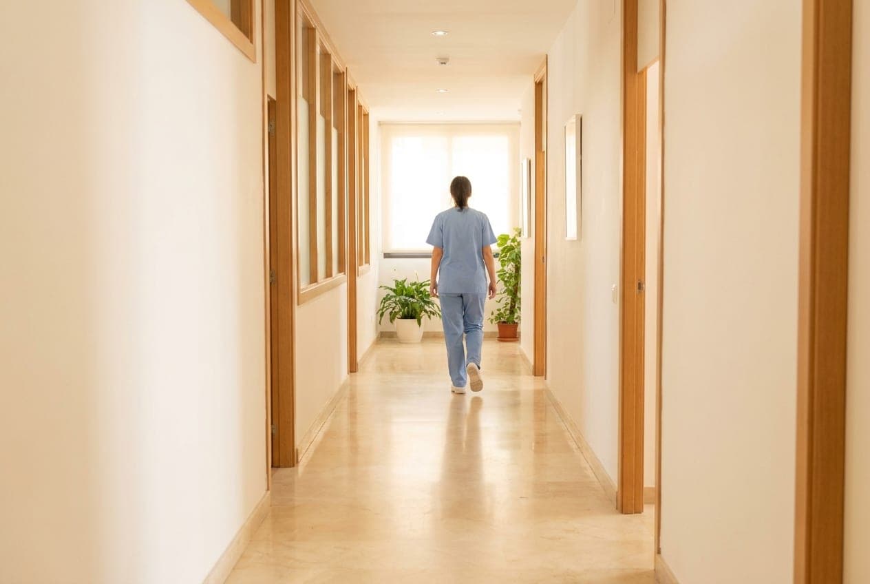 Pasillo luminoso de un centro sanitario con una profesional con uniforme caminando al fondo.