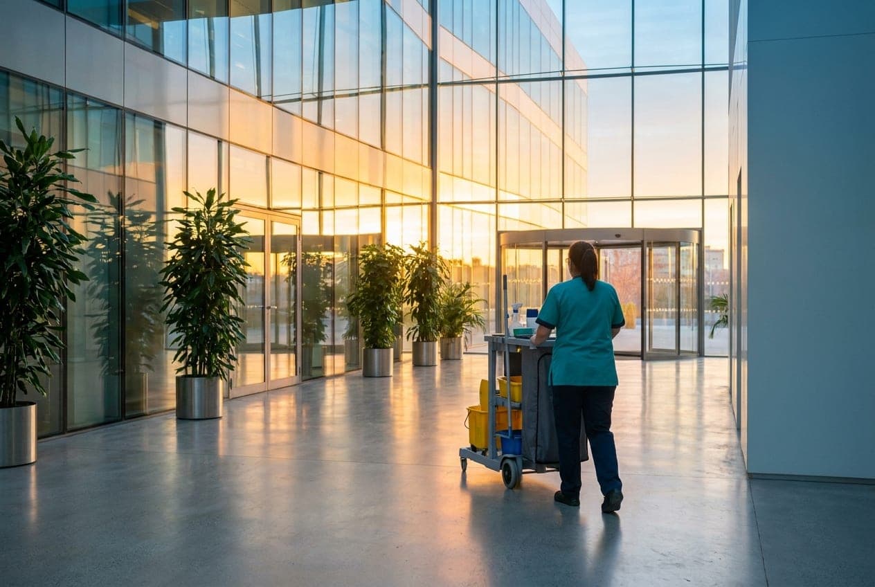 Hall acristalado de un edificio de oficinas al atardecer con una limpiadora empujando su carro.