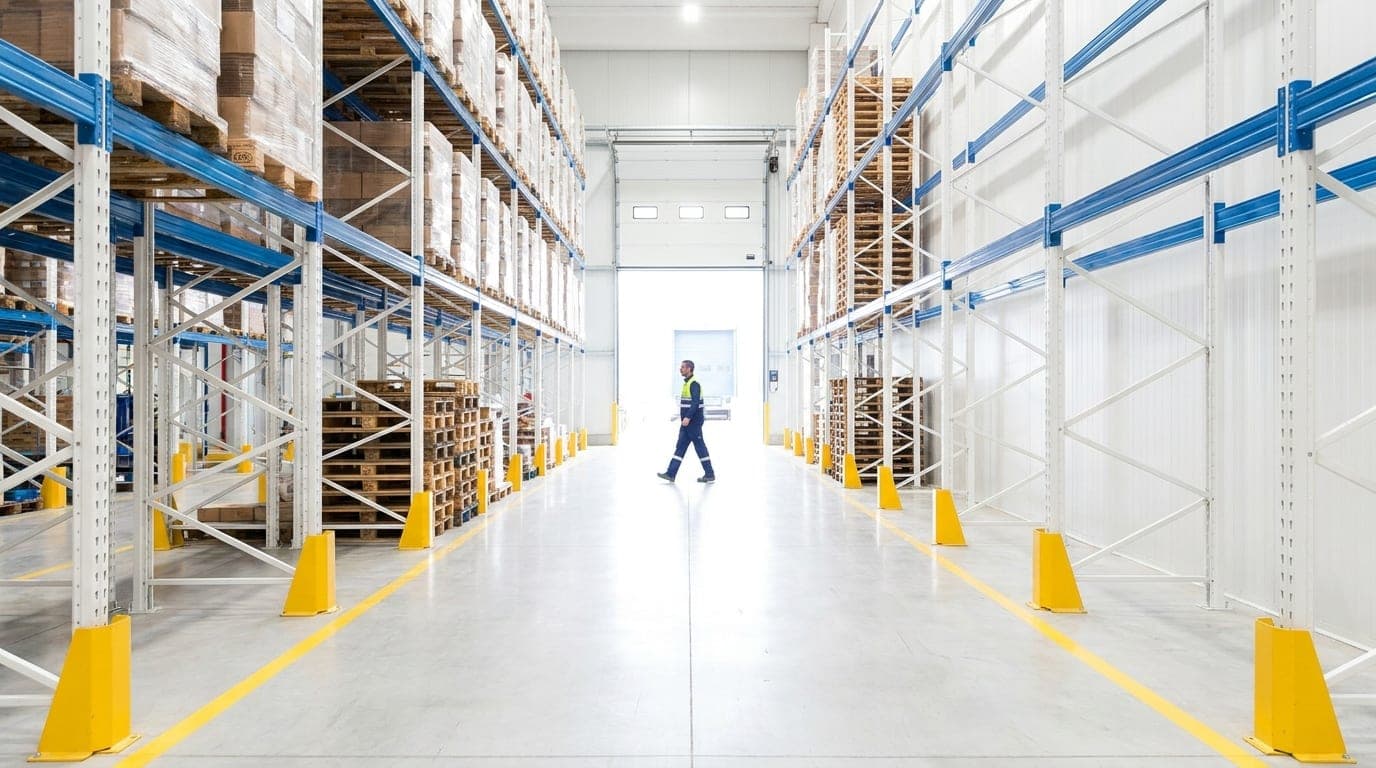 Pasillo de una nave logística con estanterías de palés y un operario cruzando al fondo.