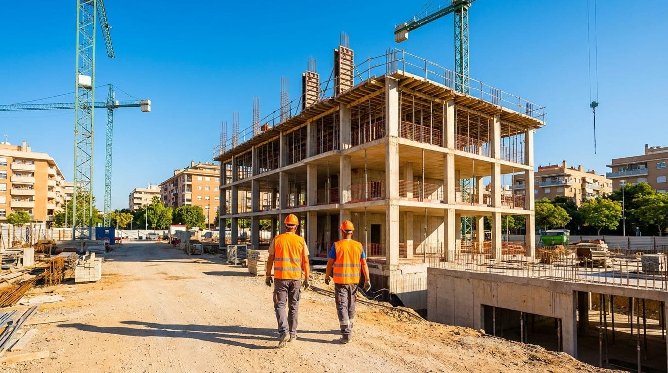 Dos operarios con chaleco reflectante caminando por una obra en construcción al aire libre.