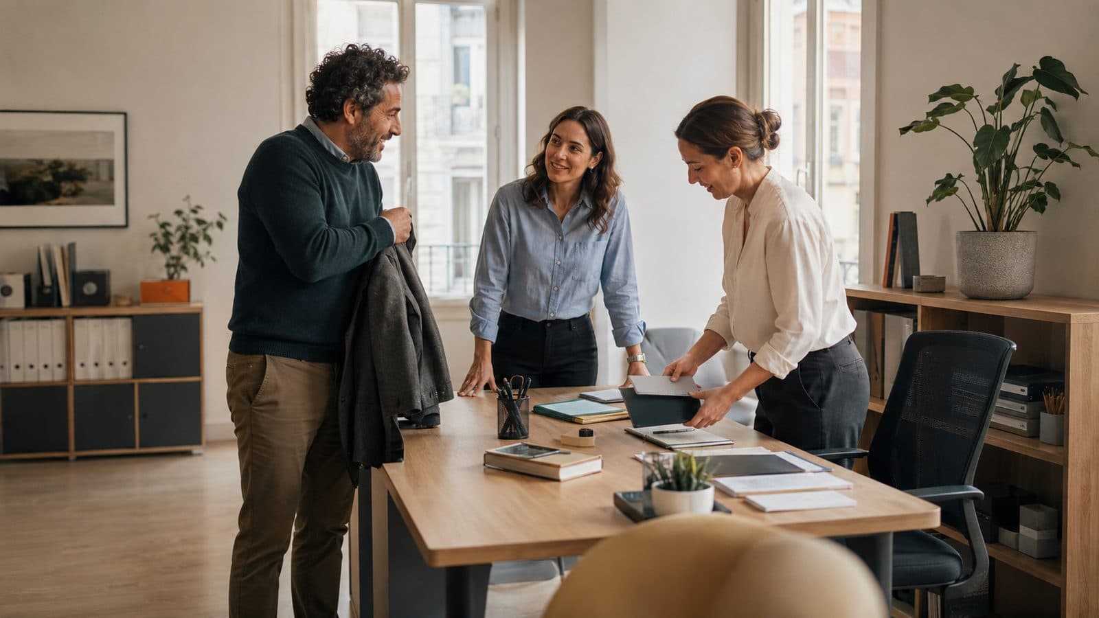 Tres personas de una oficina pequeña repasando papeles de pie junto a una mesa de trabajo.