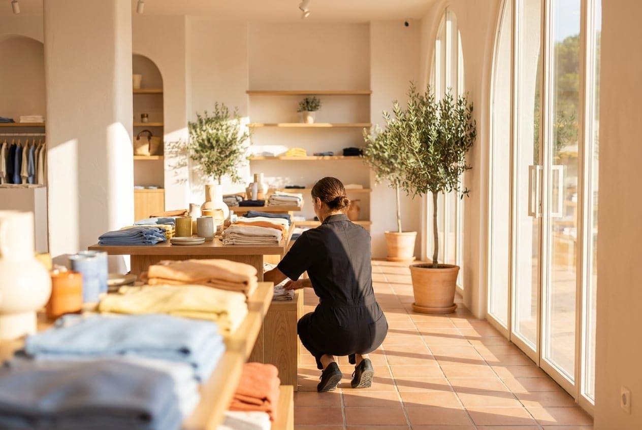 Interior soleado de una tienda de ropa con una dependienta colocando prendas dobladas.